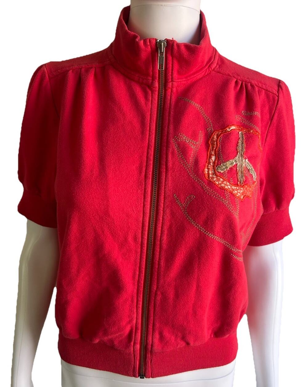 Da-Nang LOVE Peace Sign Applique Zip Jacket Puff Sleeve Cropped Y2K Boho S